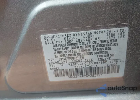 2016 Nissan Sentra Fe+ S/S/Sl/Sr/Sv z USA, uszkodzony, nr VIN 3N1AB7AP7GY281719